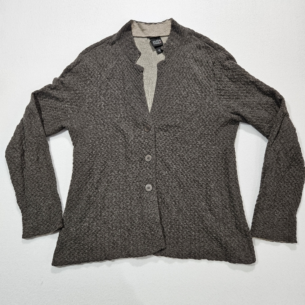 Eileen Fisher Cardigan Sweater Size Small Gray Notch Collar Textured Wool Blend‎